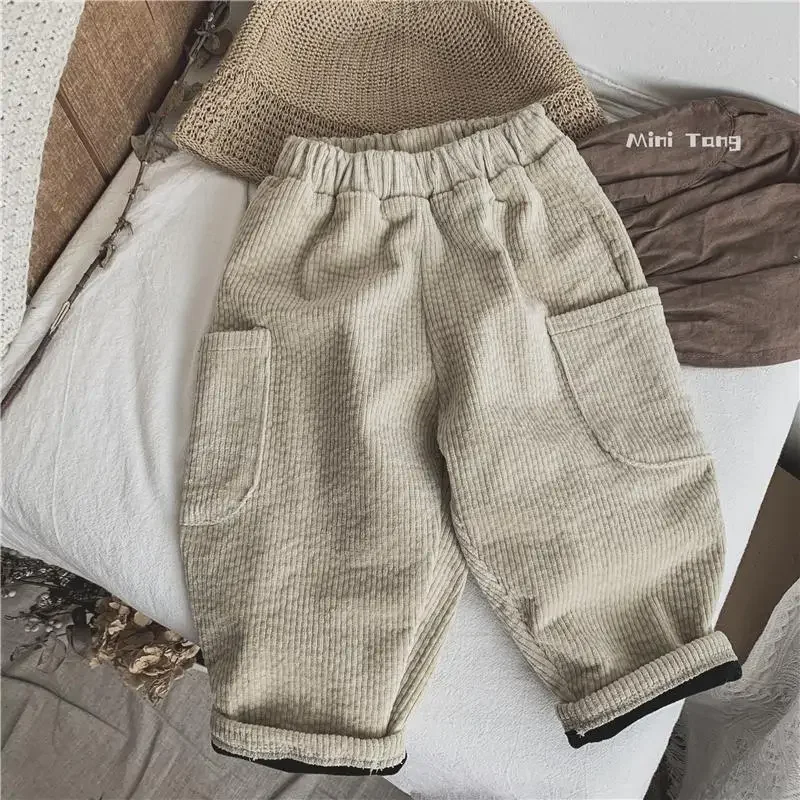 Winter Plush Warm Kids Pants 2024 Korea Style Children\'s Clothing Corduroy Plush Thick Warm Casual Pants for Boys Girls