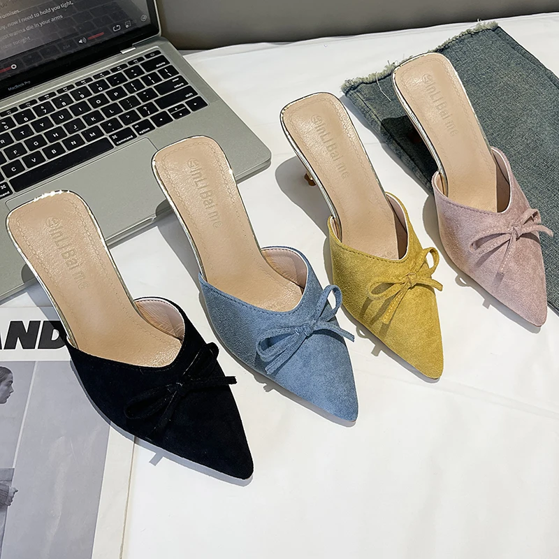 Pointy Ladies Muller Slipper 2025 Fashion Suede Bow Decorative Slipper Design Style Low Heel Banquet Party Comfortable Sandals