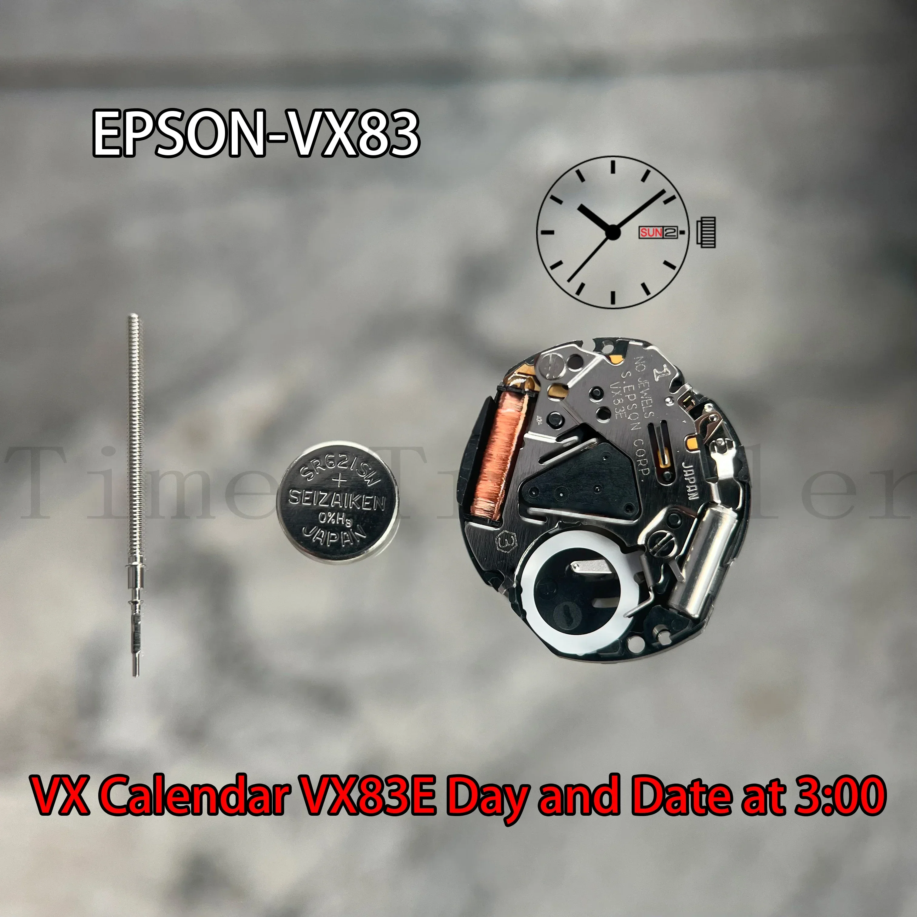 VX83 Movement Epson VX83E Movement Japan Genuine  VX Calendar Series Size:6 3/4 x 8''' 3 Hands/Day/Date display at 3:00