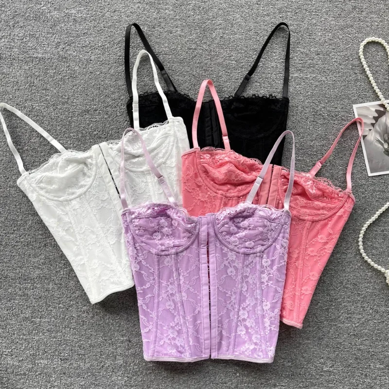 Woman Skinny Backless Camisole Multi-color Embroidery Tank Tops Spicy Girls Lace Spaghetti Strap Top Fishbone Tanks