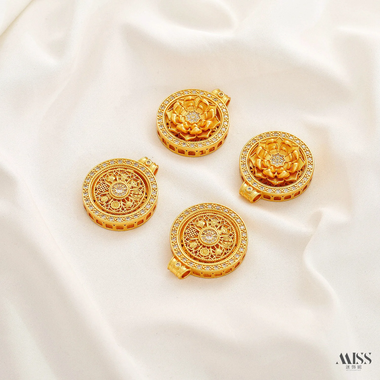 

24K Gold Plated Color Retention Rotatable Lotus Eight Treasures Compass Pendants, DIY Necklace Charms