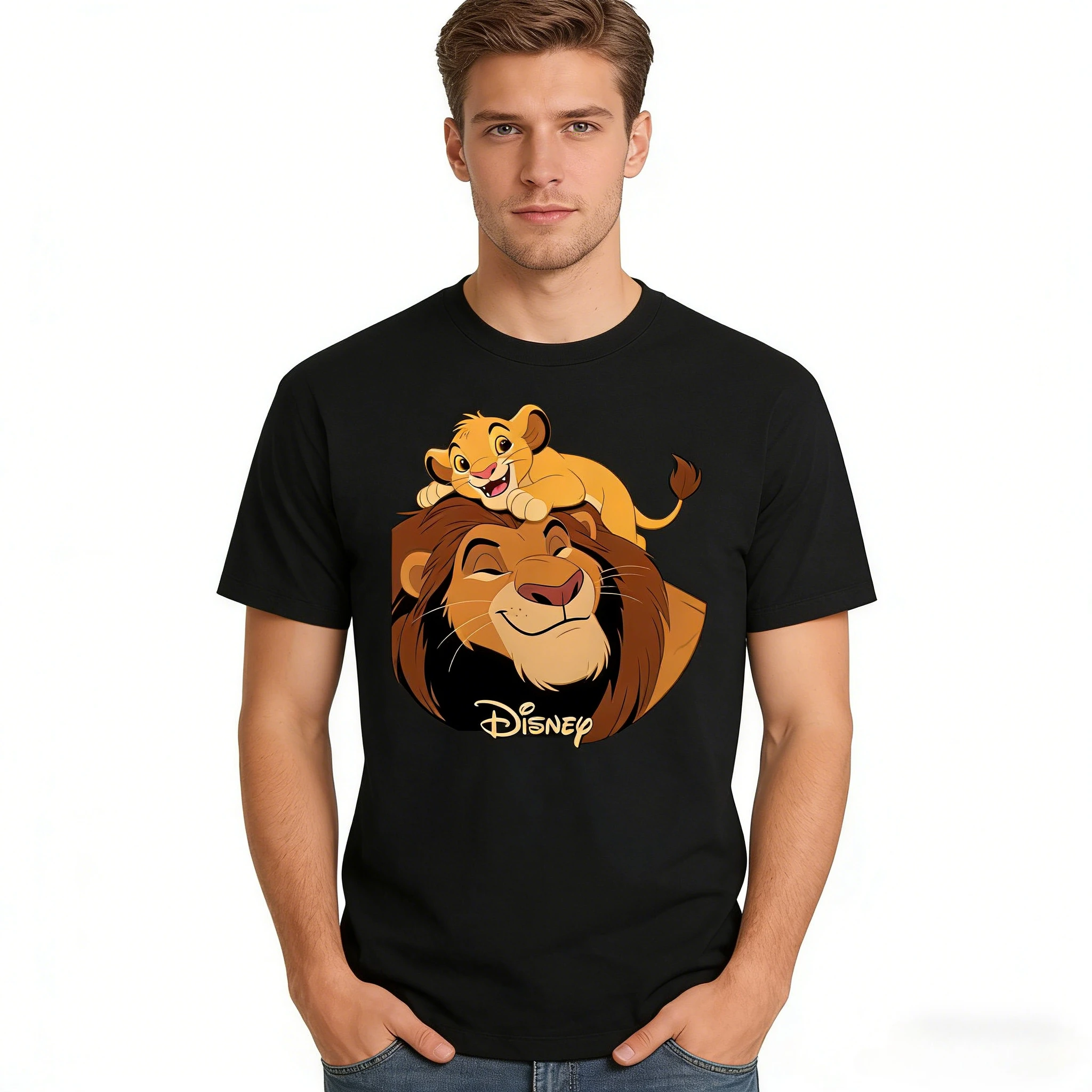 

Летняя мужская футболка Disney с изображением Симбы из «Короля Льва», одежда для повседневного отдыха и тематических мероприятий, хлопковая свободная повседневная футболка унисекс с короткими рукавами