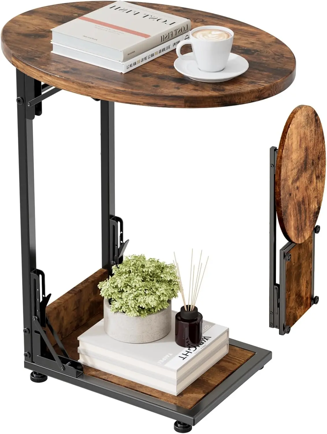 

Folding C-Shaped Side Table with 2-Tier Storage, Vintage Wood Finish for Living Room Sofa Bedroom Small Spaces
