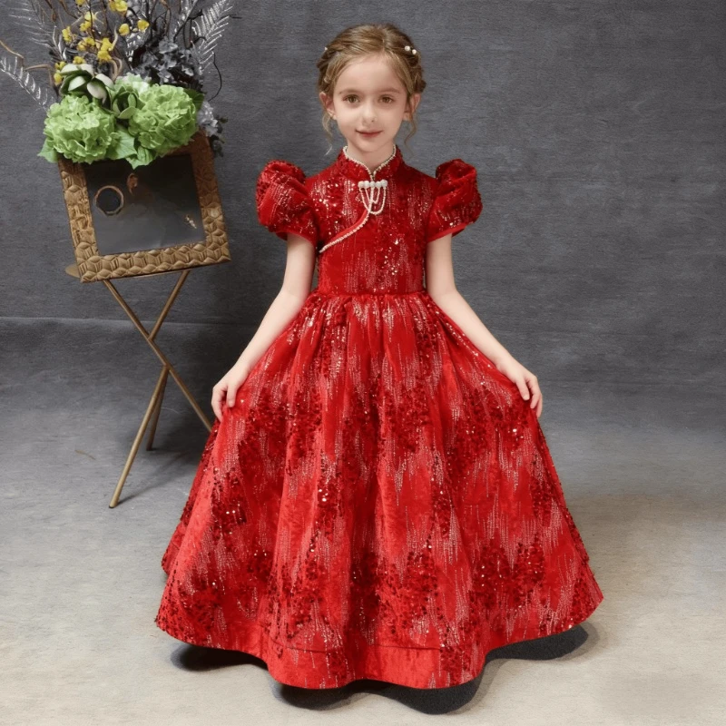 Red Chinese Style Bubble Sleeves Stand Collar Long Princess DressEvening Formal Gown Kids Clothing Performance Gown Birthday