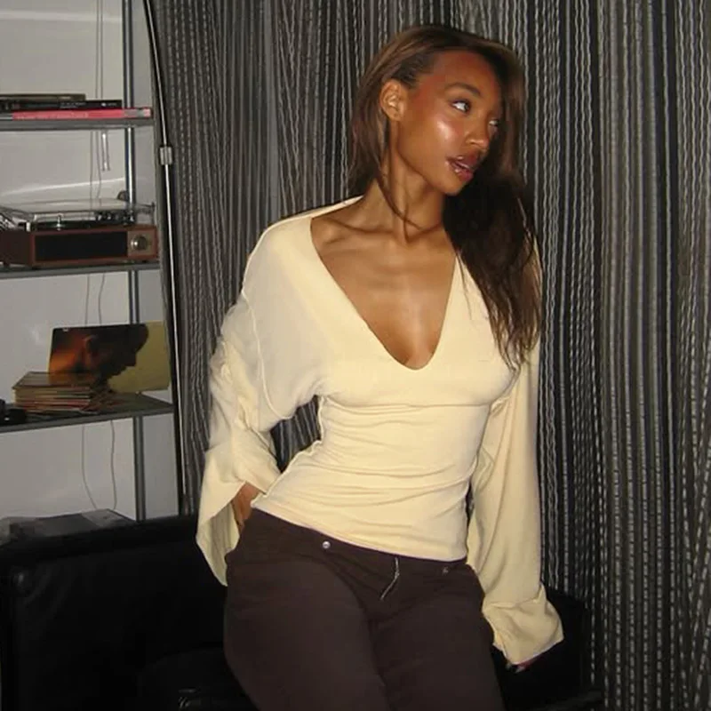 Women's Autumn Spring Top T-shirt V-neck Waist-cinching Solid Color Batwing Sleeves Simple Comfortable Casual Niche Versatile