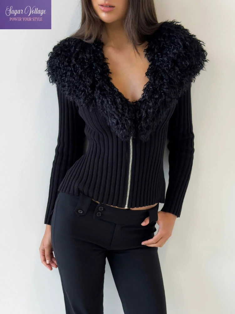 

American Retro Knit Zipper Cardigan Women Vintage Sexy Style with Faux Fur Collar Slim Fit Ribbed Design Elegant Winter Sweater