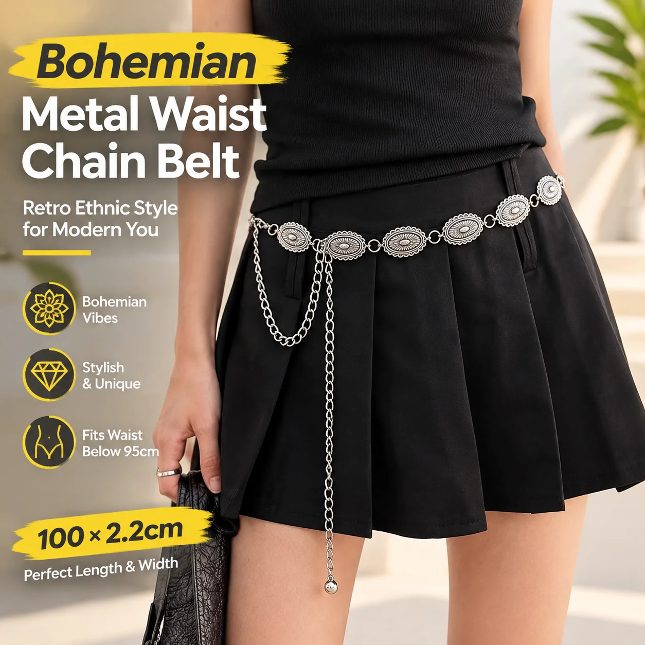 Bohemian Metal Waist Chain Belt for Women Dress Retro Ethnic Style 100x2.2cm Fits Waist Below 95cm