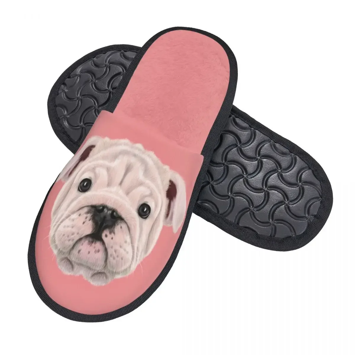 English Bulldog Puppy Face Indoor Slippers Furry Slipper Winter Home Shoes House Flat Closed Toe Slides Flip Flops