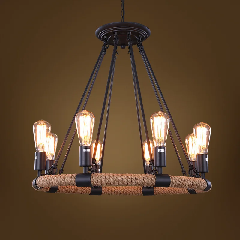 

American Retro Industrial Wind Hemp Rope Chandelier Bar Restaurant Iron Art Creative Hemp Rope Lamps