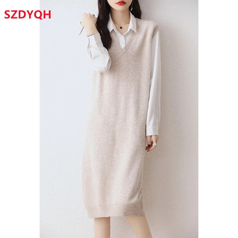 Hot Sale Autumn Winter New Women Dresses Sleeveless Long Sweater Waistcoat 100% Pure Wool Knit Pullover Lady Loose Warm Vest