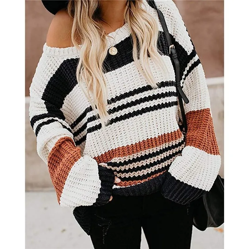 

2024 Autumn and Winter New Striped Splicing Contrasting Color Knitted Sweater, Casual Loose Crew Neck Sweater