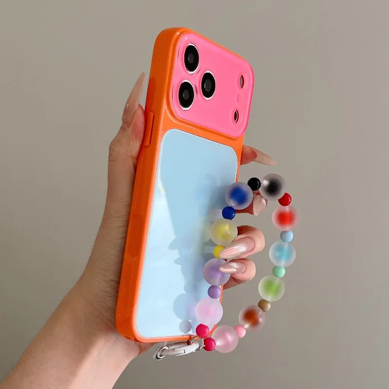 Étui de téléphone de luxe Dopamine Color-Block avec chaîne pour iPhone 18 13 14 15 16 17 Pro Max, coque antichoc en verre avec chaîne couleur bonbon