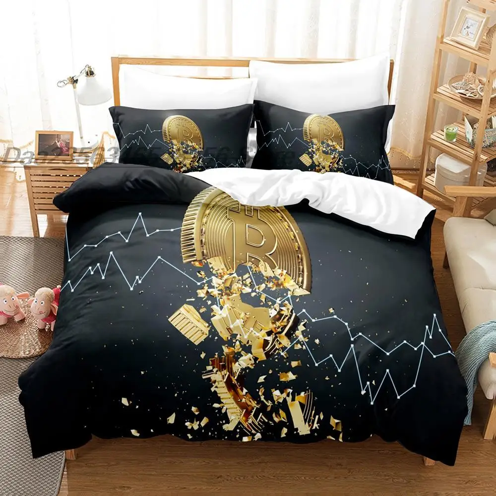 Personality Creative Bitcoin Pattern Bed Set New Soft Skin-Friendly Bedding Duvet Cover Set Home Decor Digital Currency Theme Be