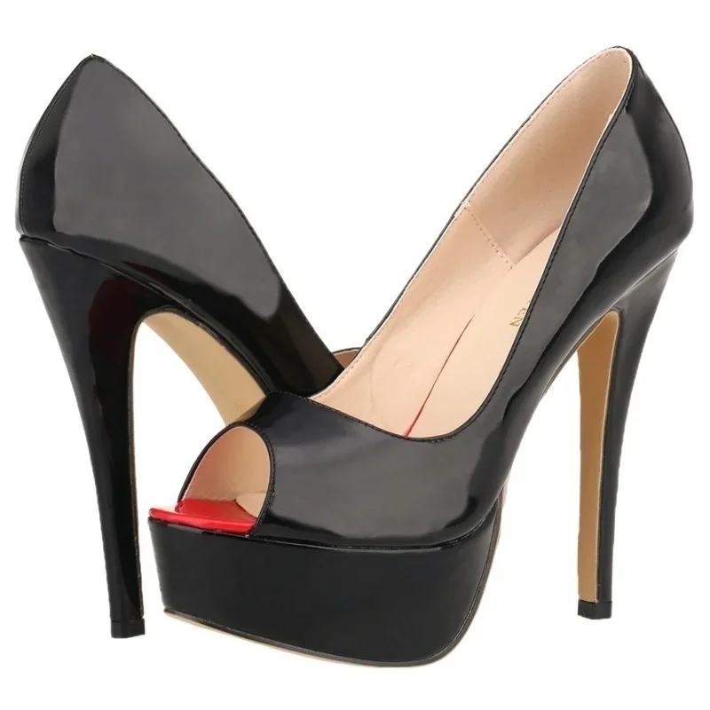 Women Pumps Sexy Peep Toe Platform 14cm Super High Heels Patent Leather Pumps Black Party Dress Red Wedding Shoes Stilettos