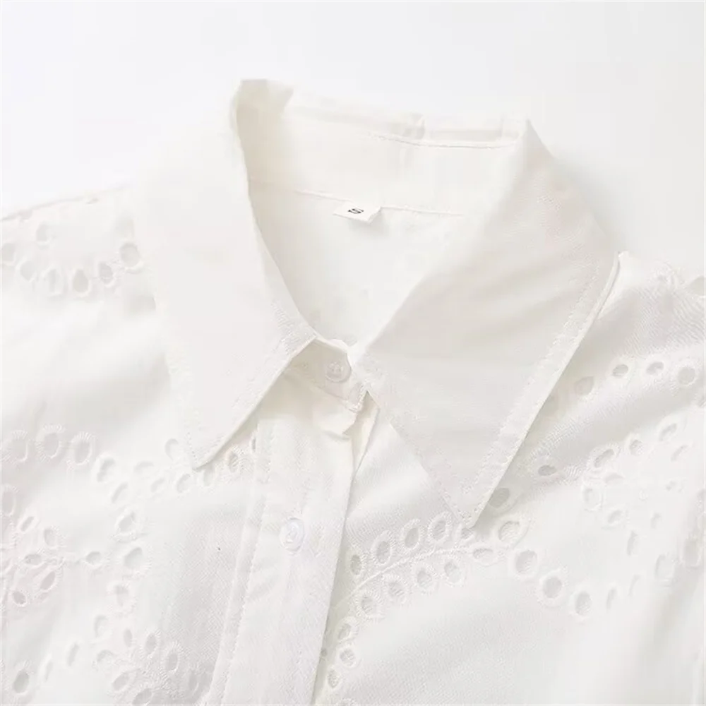 PB&ZA2024 Summer New Product Fashion Casual Women\'s Wear Solid Color Collar Belt Embroidered Shirt Style Long Dress