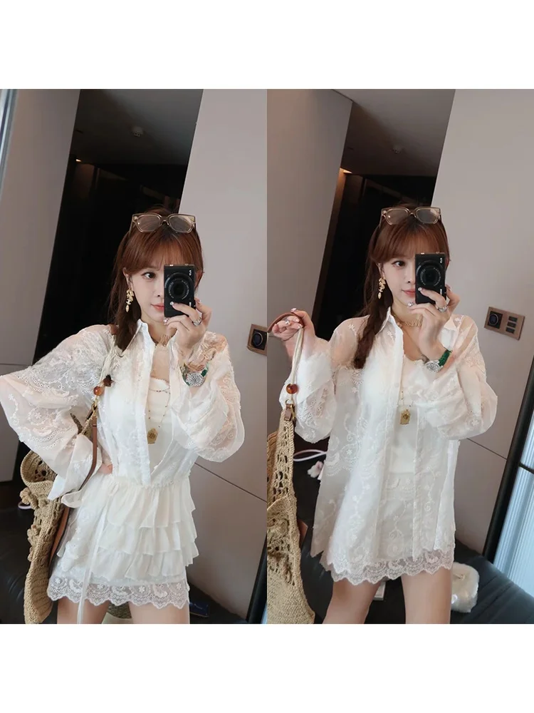 

Элегантная женская рубашка-жакет с вышивкой во французском стиле, свободного кроя, с длинными рукавами, ультратонкая, из хлопка, с цветочным узором и пуговицами