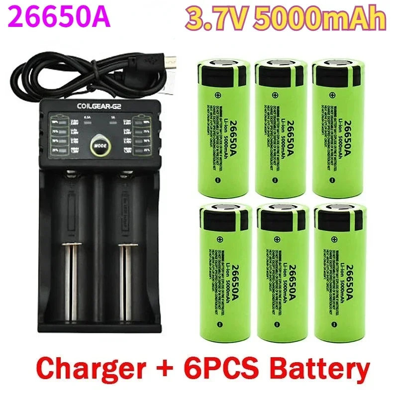 

100% New Original high quality 26650 battery 5000mAh 3.7V 50A lithium ion rechargeable battery for 26650A LED flashlight+charger