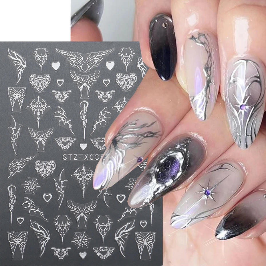 Metal Butterfly Y2K Nail Stickers 3D Chrome Sliver Thorns Heart Wings Star Moon Swirl  Nail Art Decal Manicure Decoration