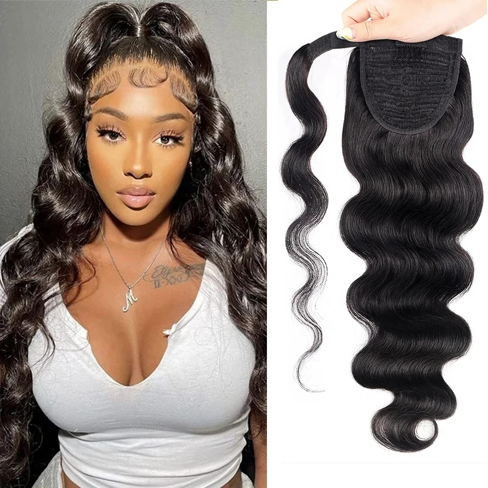 Body Wave Ponytail Extension Human Hair With Magic Paste Warp Around Brazilian 100% Human Hair For Women 1B Natural Color