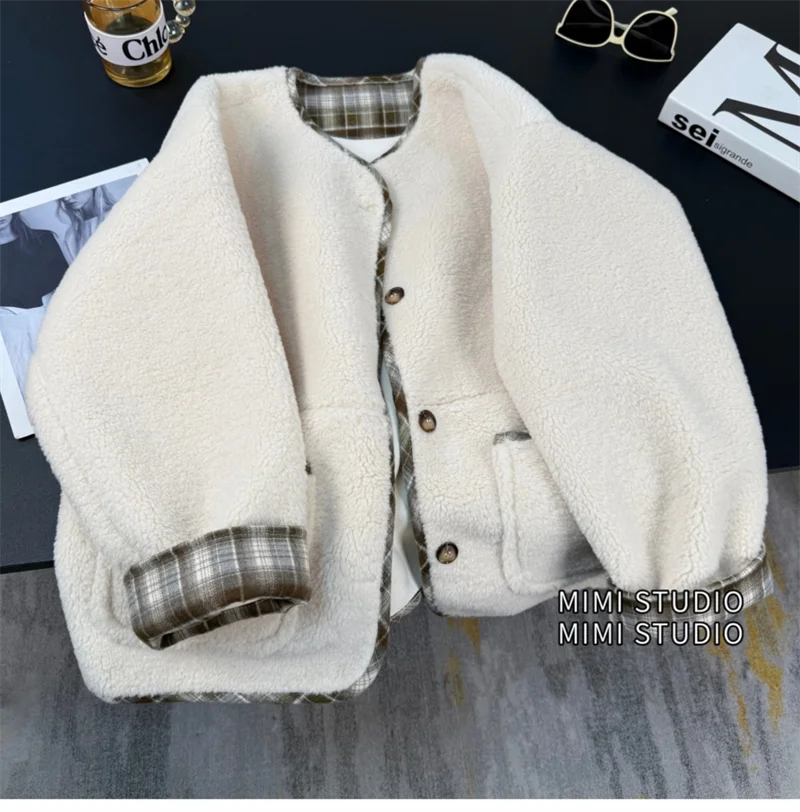 

Fashion Cardigan Retro fur one Coat Women's Autumn and Winter New Loose Small Fragrance Suede Plaid Stitching Joker Jacket New