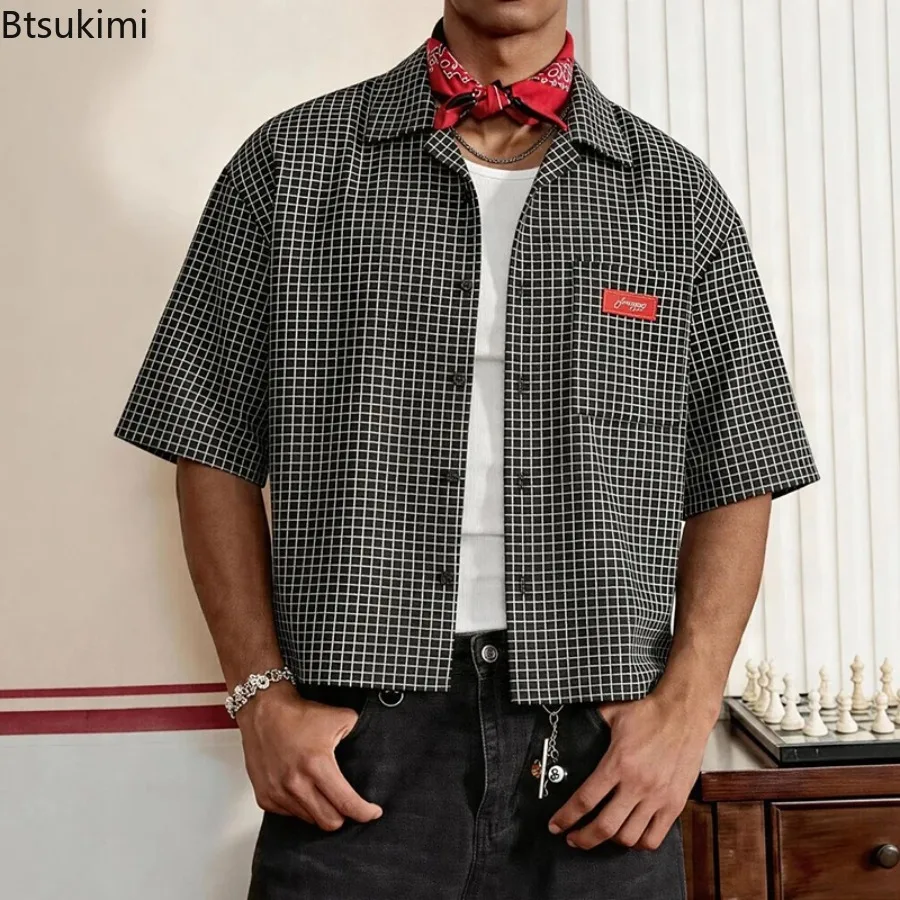 2026 New Men's Trendy Cropped Grid Shirts Short Sleeve Loose Fit Casual Streetwear Top with Red Label Detail Summer Blouse S-XL
