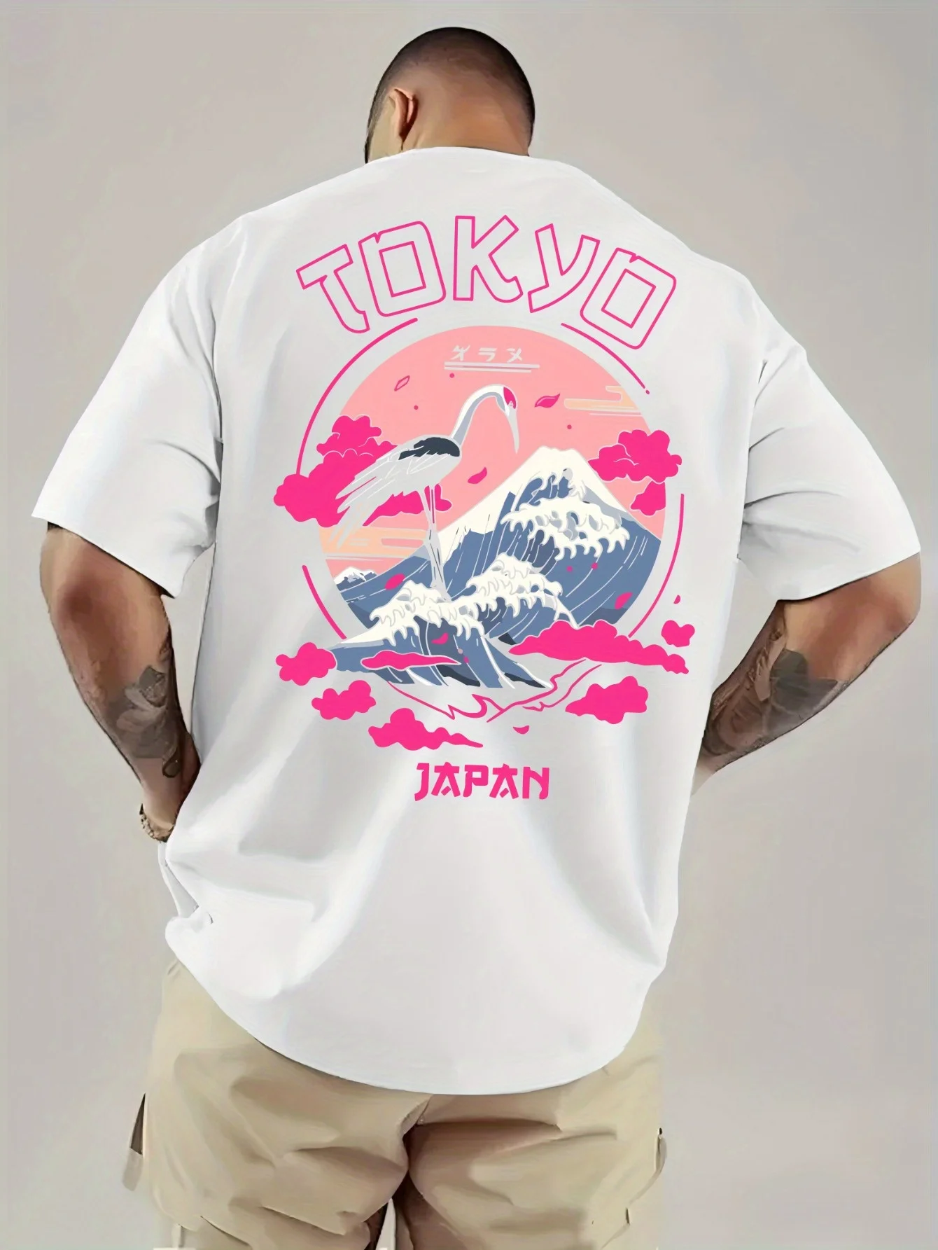 2026 New Men's Japanese Ukiyo-e Style T-shirt Cotton T-shirt with Fuji Mountain Crane Print Heavyweight Cotton Short Sleeved Top