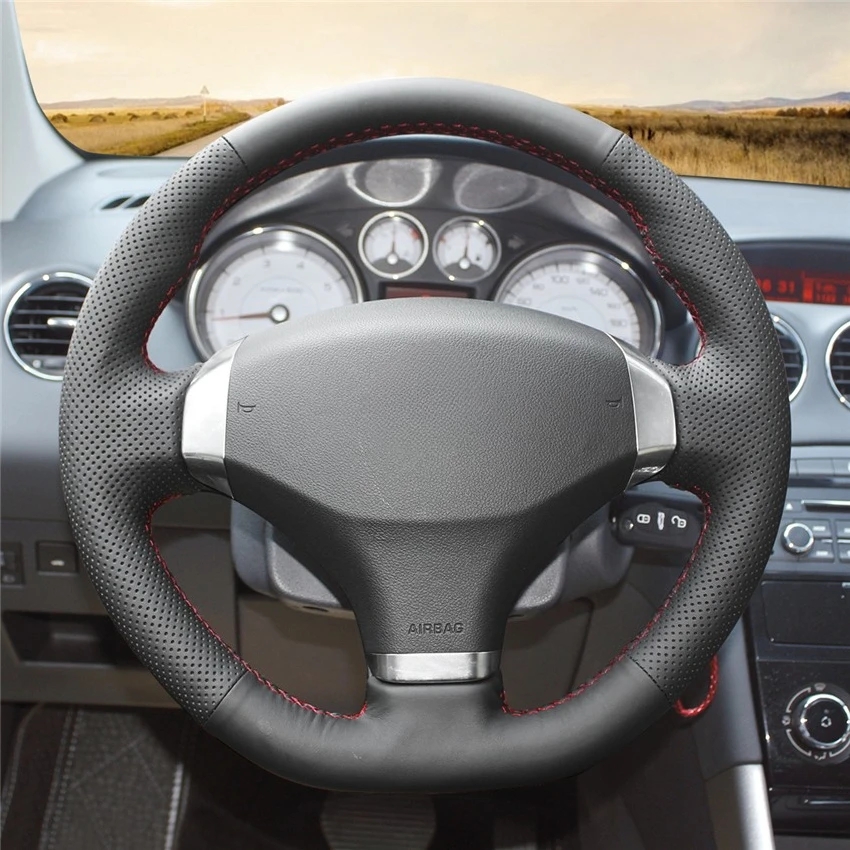 

DIY Hand-Stitched Non-slip Durable Black Artificial Leather Steering Wheel Cover for Peugeot 408 2013 Interior Accessories
