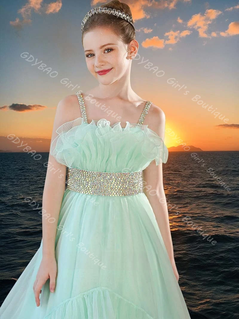 

Green Girls Pageant Dress With Beaded Sashes Strap Ruffled Tulle Flower Girl Dress for Wedding 2-14 Kids Custom Party Gown Made