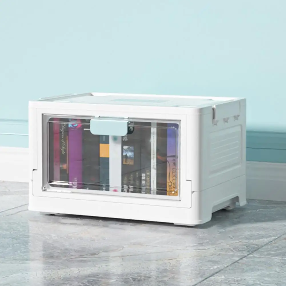 Stackable Book Storage Box 4 Caster Wheels Front Flip Lid Book Organizer Transparent Foldable Desktop Sundries Organizer Case