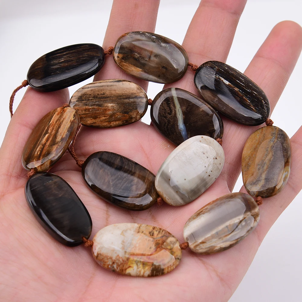 APDGG 22x32mm Natural Mix Color Xylopal Petrified wood Stone Smooth Oval Slice Loose Pendant Beads 15.5'' Strand Jewelry DIY view 5