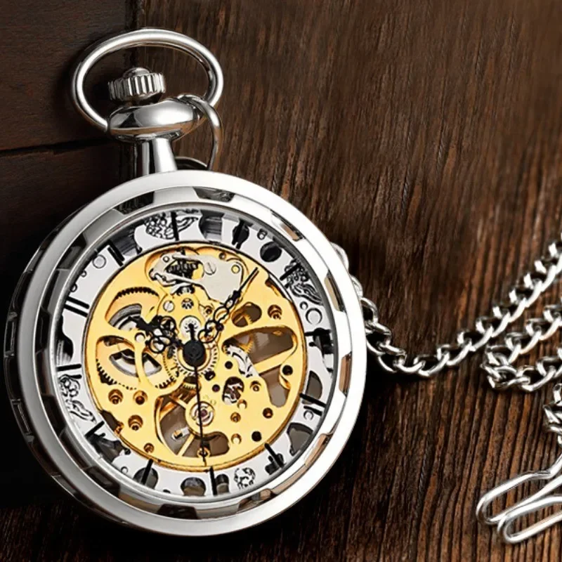 Mens Classic Steampunk Pocket Watch with Chain Skeleton Hand Wind Mechanical Pocket Watches for Men & Women