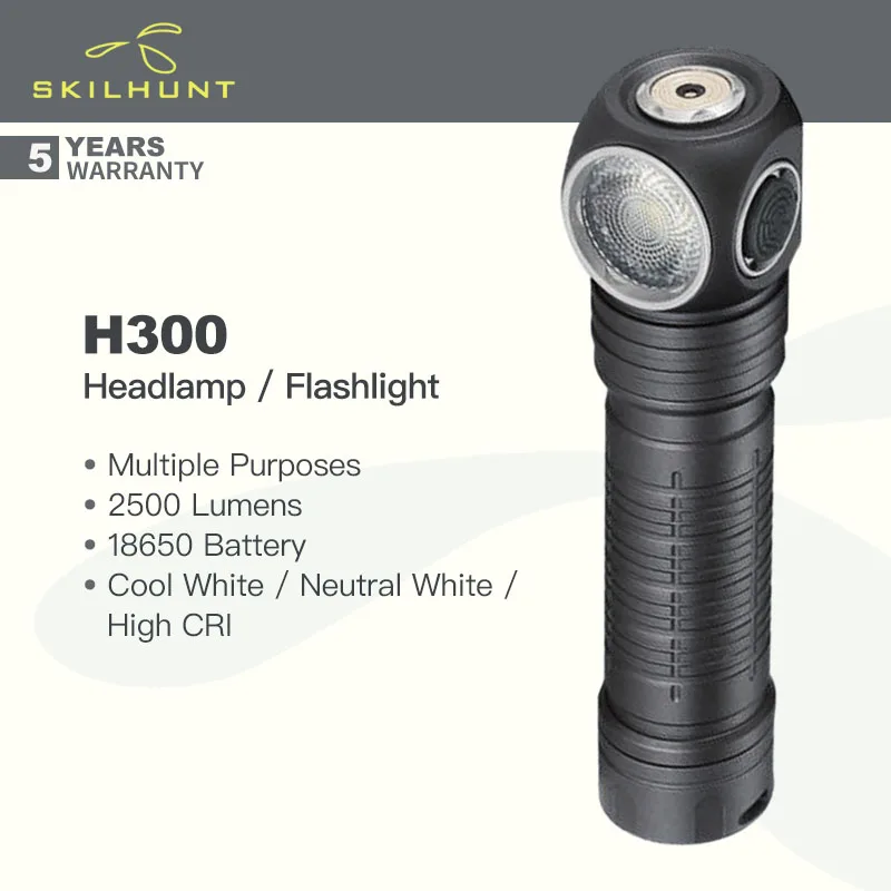 Skilhunt H300 Flashlight / Headlamp, 2500 Lumens, 18650 Battery, with Red/Blue Signal Light, New UDOC Reflector, Magnetic Tail