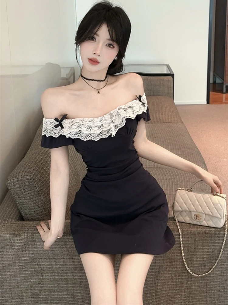 2025 Zwart Patchwork Kant Boog Slash Hals Sexy Mini Jurk Vrouwen Vintage Bodycon Hip Wrap Jurk Zomer Koreaanse Elegante Feestjurk