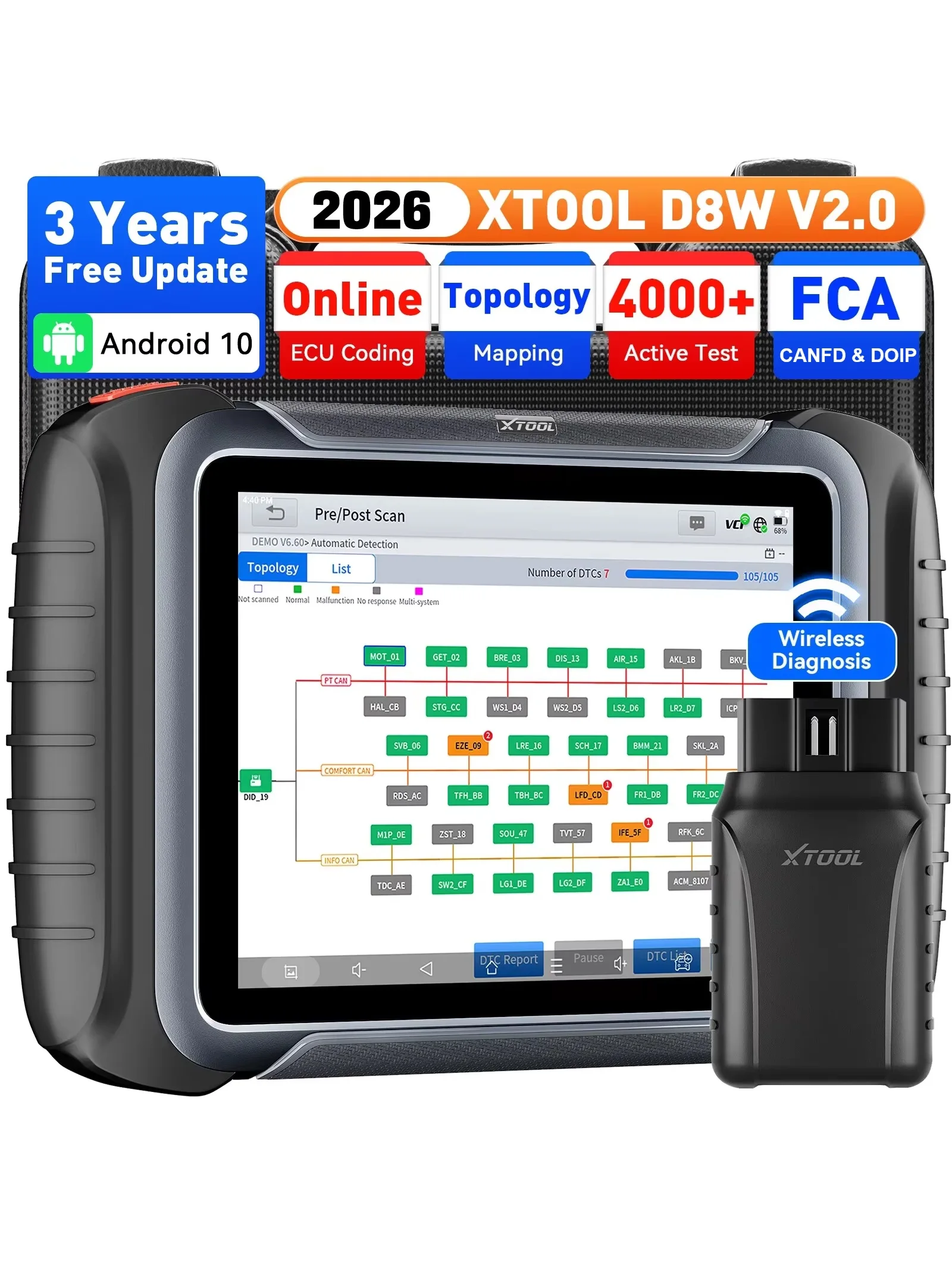 XTOOL D8W Auto Diagnostische Hulpmiddelen Automotive Scanner Volledige Systeem ECU Codering Actieve Test OBD2 Scanner 42+ Resets KAN FD DOIP FCA - afbeelding 2