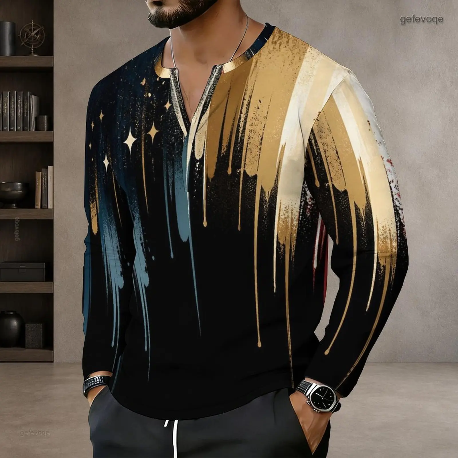 Men Top with Print Notch Neck Long Sleeve Pullover Straight Hem