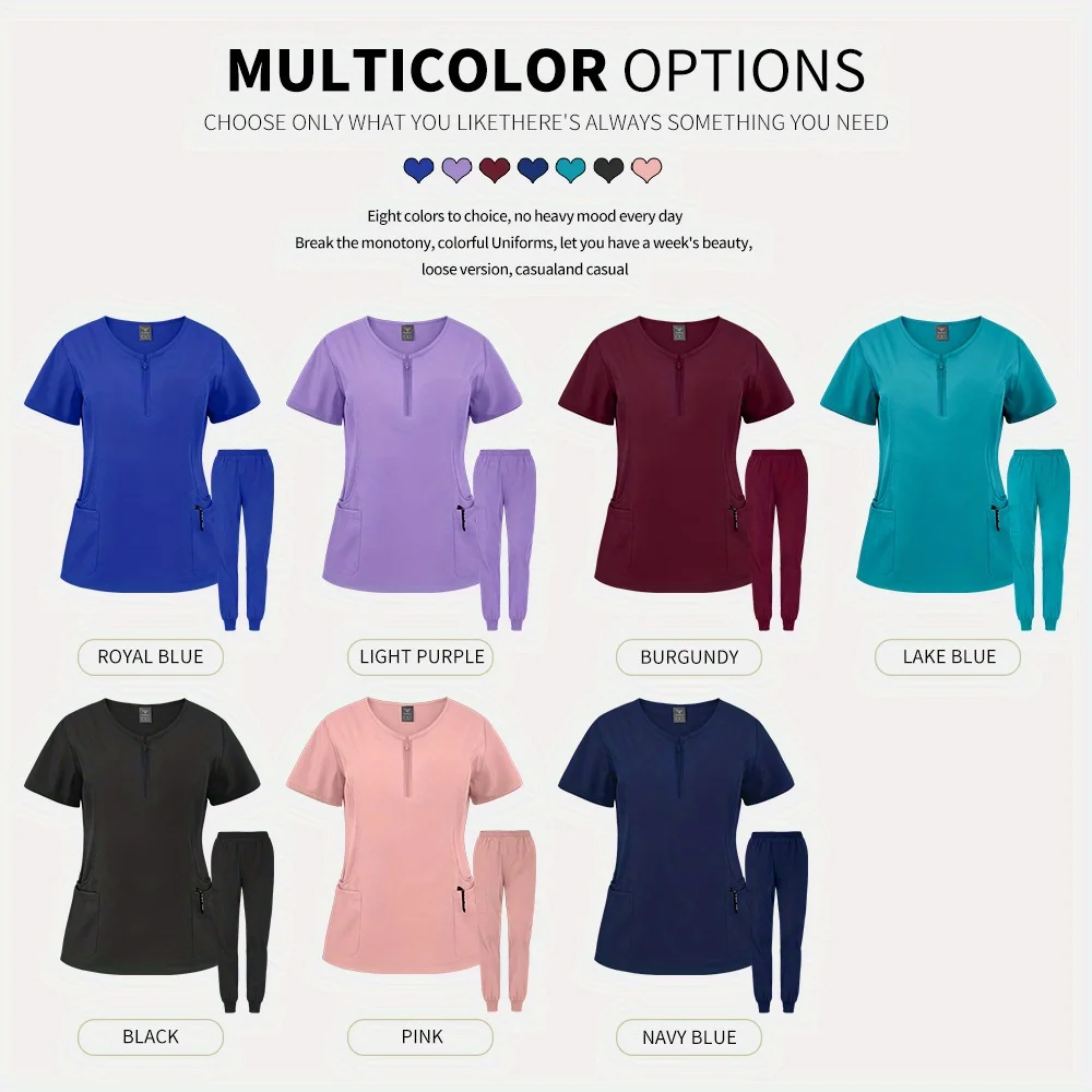

Summer Work Uniform Breathable Soft Scrubs Women Work Clothes Short Sleeved Top Joggers Pants Zipper Collar Beauty Salon