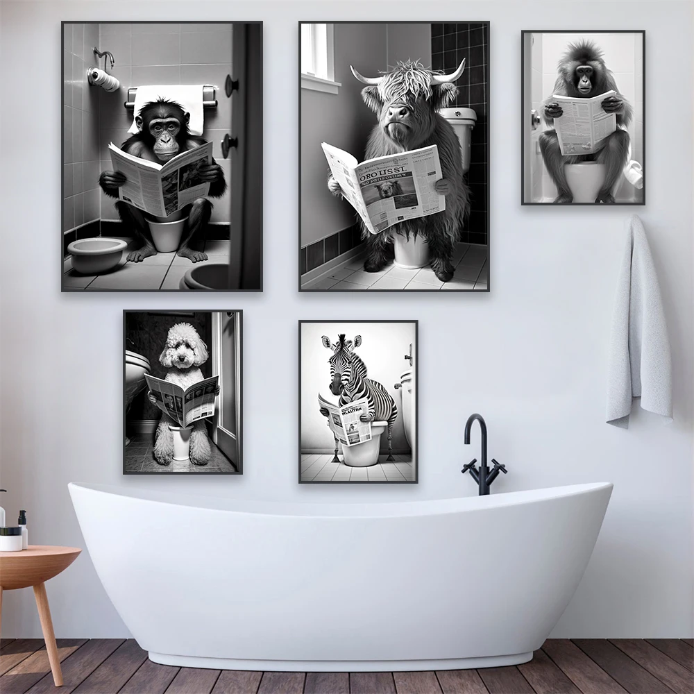 Poodle Sitting on Toilet Poster Funny Animal Highland Cow Print Modern Zebra Reading Newspaper Canvas Painting Bathroom Decor