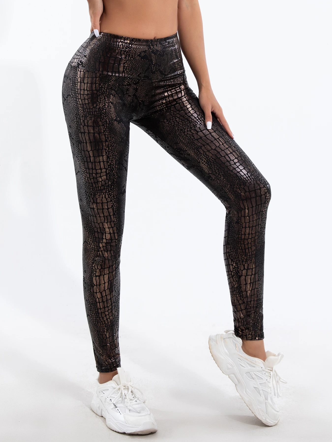 New High Waist Hot Gold Snake Print Leggings High Stretch Tight Nine-point Pants Women Waist Brown Snake Print Small Feet Pants