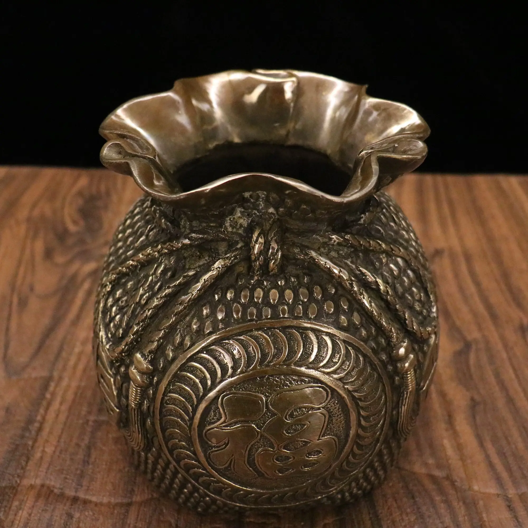 8"Old Xizang Folk Collection Old Bronze Brass Patina lucky bag money bag Treasure Bag Gather fortune Town house Exorcism view 6