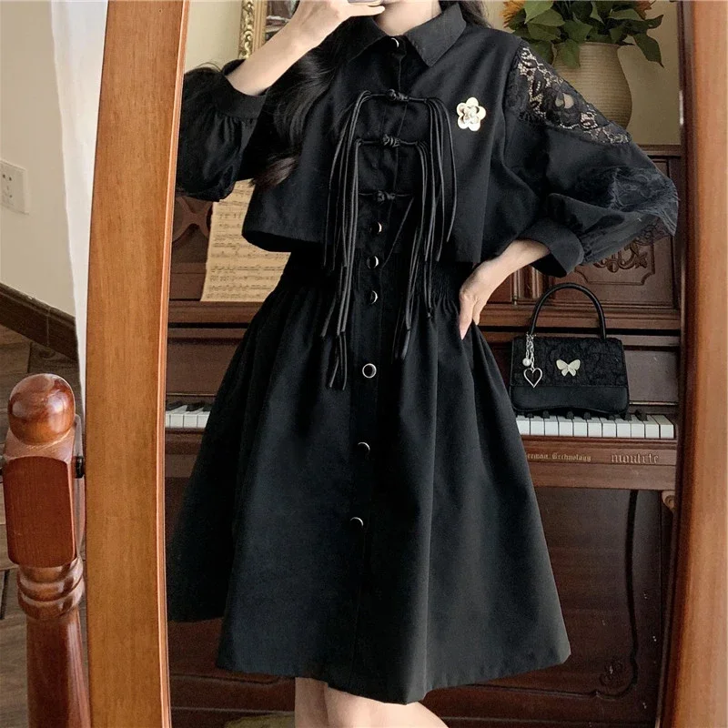 Hikigawa Herbst umdrehen Kragen gefälschte zweiteilige Frauen Kleid lässig alle passen schwarze Kleider schicke Mode elegante vestido de mujer