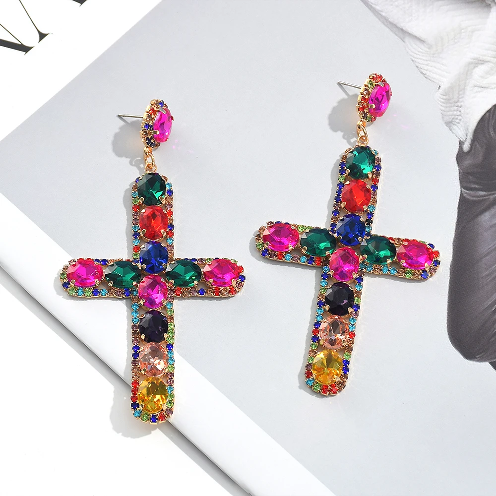 New Design Vintage Long Metal Colorful Crystal Cross Drop Earrings High-Quality Glass Pendant Jewelry Accessories For Women