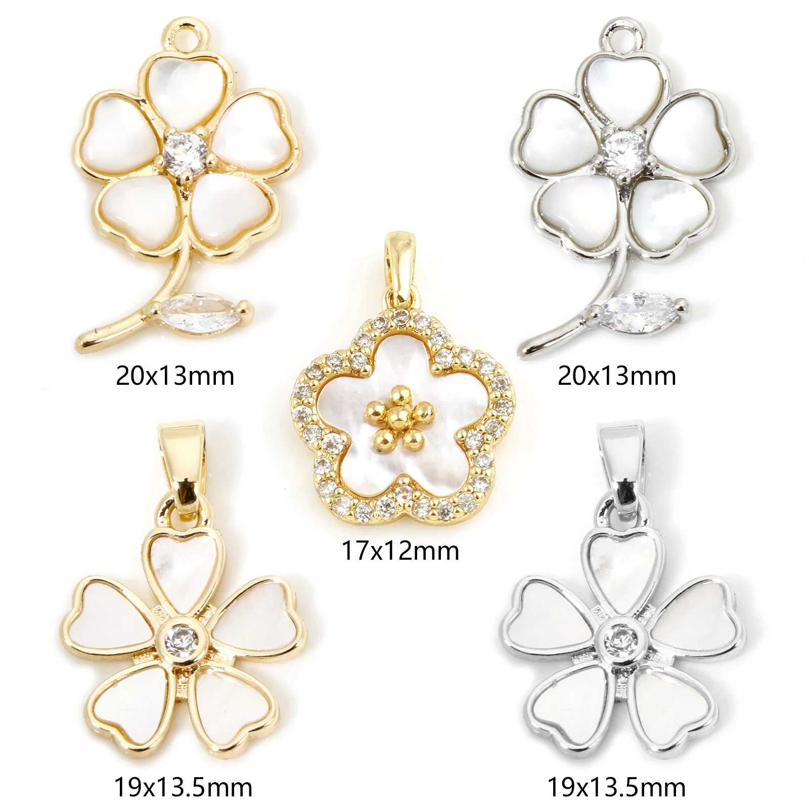 1 PC Shell & Brass Charms Real Gold Plated Flower Pendants With Transparent Zircon White Shell Patch Charms for Jewelry Making