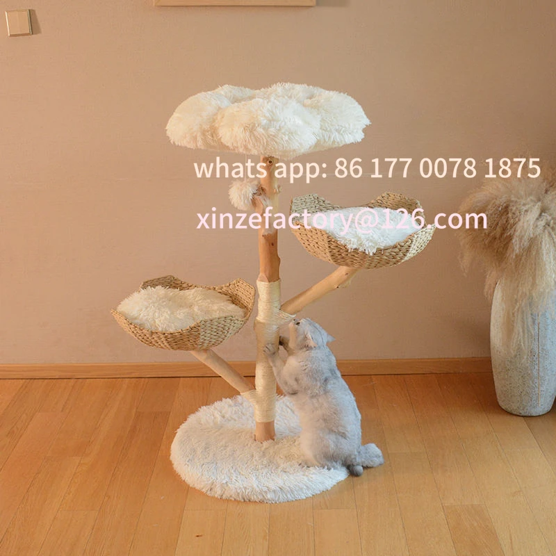 

Customizable Natural fruit wood cat climbing frame Solid wood rattan cat bed Multi-function cat scratching post Wear-resistant