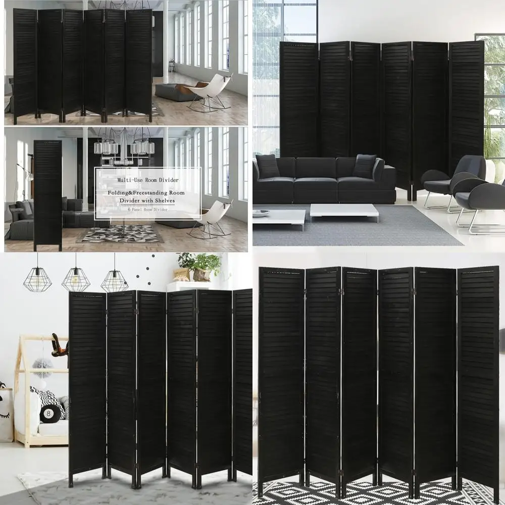 

Wooden Louvered 6-Panel Room Divider, Home Office Privacy Screen, Bedroom Partition (Black)