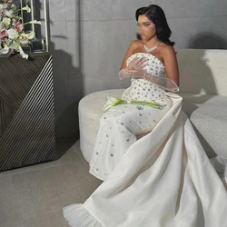 Luxury Evening Dresses for Women Crystals Light Champagne Satin Evening Gowns with Detachable Train Column Wedding Party Dress