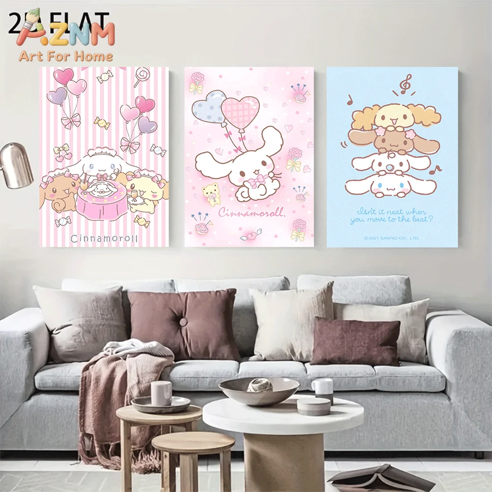 AZNM Cinnamoroll Canvas Wall Art Unframed Cute Cartoon Print Poster Balloon Candy Music Note Pastel Pink Blue Style Design for G