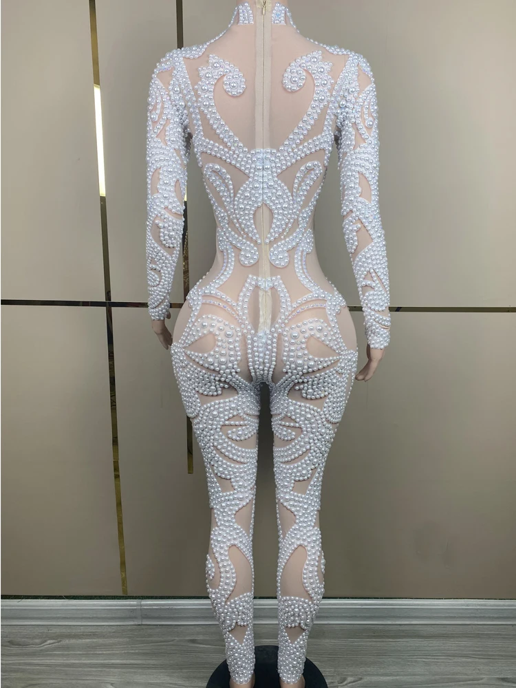 Luxury White Pearls Long Sleeves Women Bodysuit Transparent Mesh Outfit Christmas Party Dance Show Stage Performance Costume