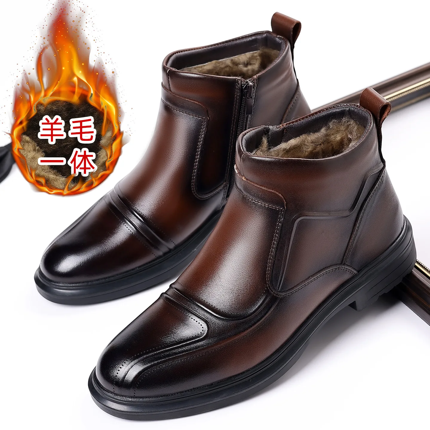 

New Winter Wool Warm Business Formal Cotton Shoes Men's Genuine Leather Pointed-toe Fashion Boots Men's High-top Leather Shoes