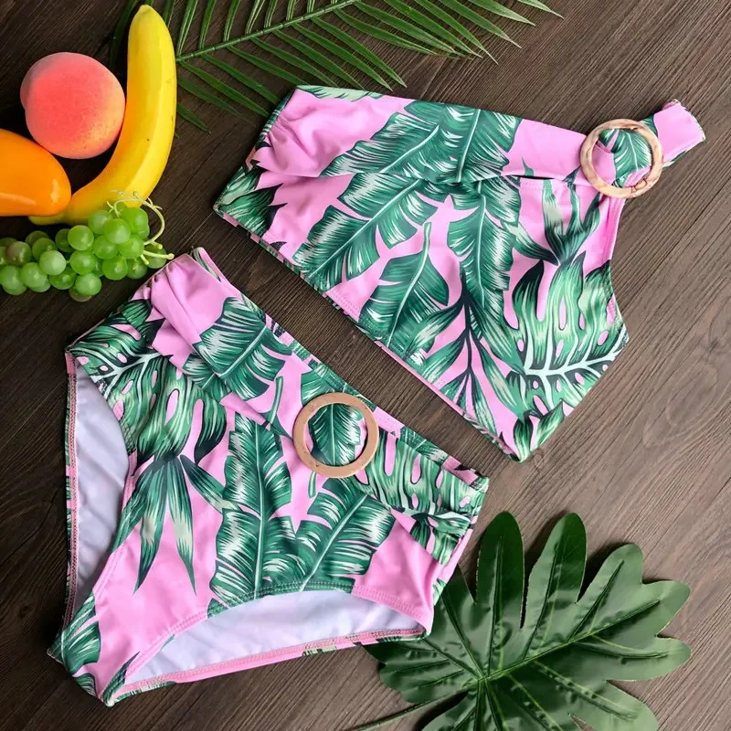 Gợi Cảm Brasil Bikini Cao Cấp Áo Bơi Một Vai Tam Giác Đồ Bơi Nữ 2 Mảnh Áo Tắm Lá In Bơi