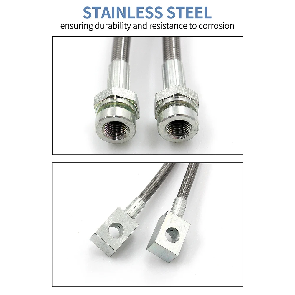 

Комплект удлиненных тормозных шлангов из нержавеющей стали для использования на бездорожье. Конструкция из нержавеющей стали, снижающая расширение при давлении.